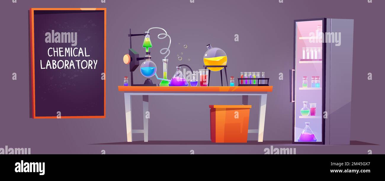 Chemical laboratory interior with glass flasks, tubes and beakers on