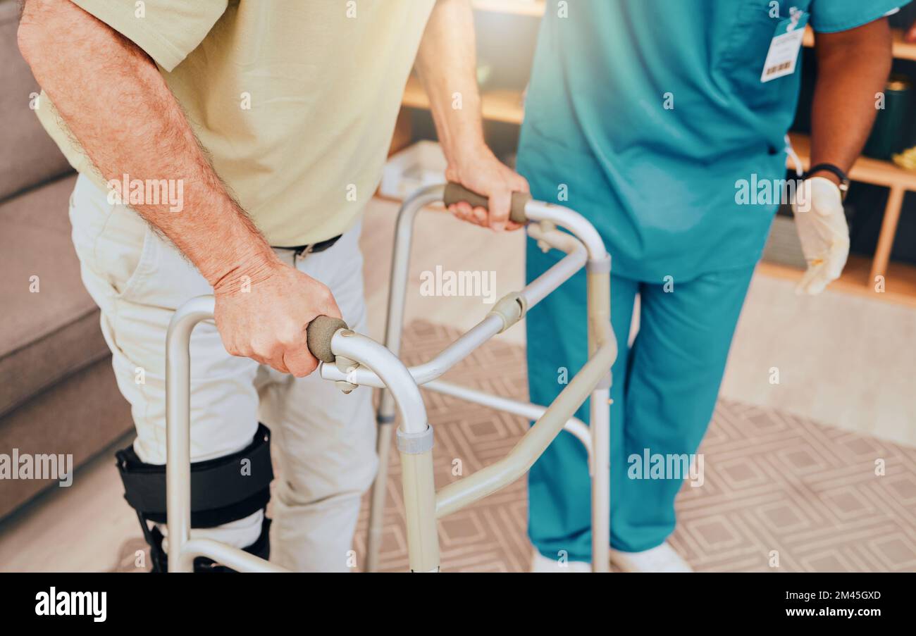 Physiotherapy, walker and help with old man and nurse for disability