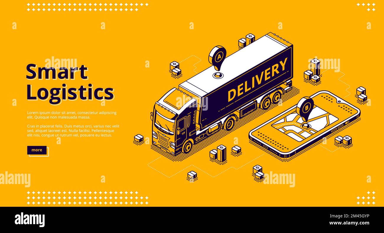 Smart logistics isometric landing page, tracking geo location service.  Truck riding on route at huge smartphone with gps navigator pin on city map.  Driver online app, 3d vector line art web banner
