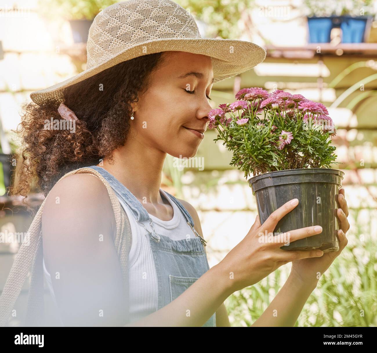 Black woman, flower and garden, smell plant with nature and outdoor, gardening and shopping at nursery. Growth, blossom and flowers with natural Stock Photo