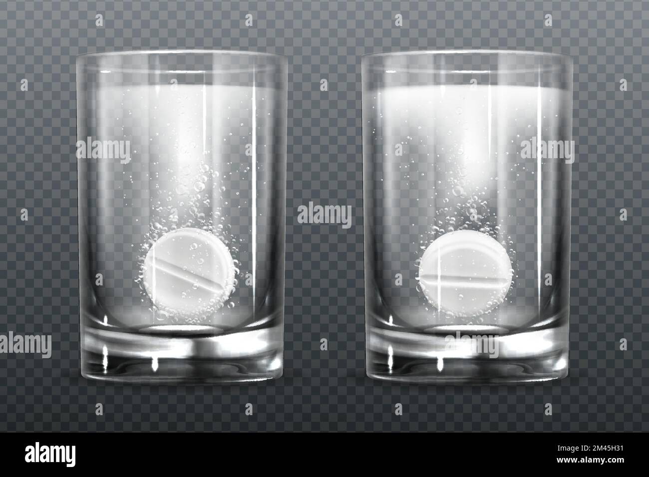 Effervescent pills with fizz bubbles in water glass. Aspirin tablets