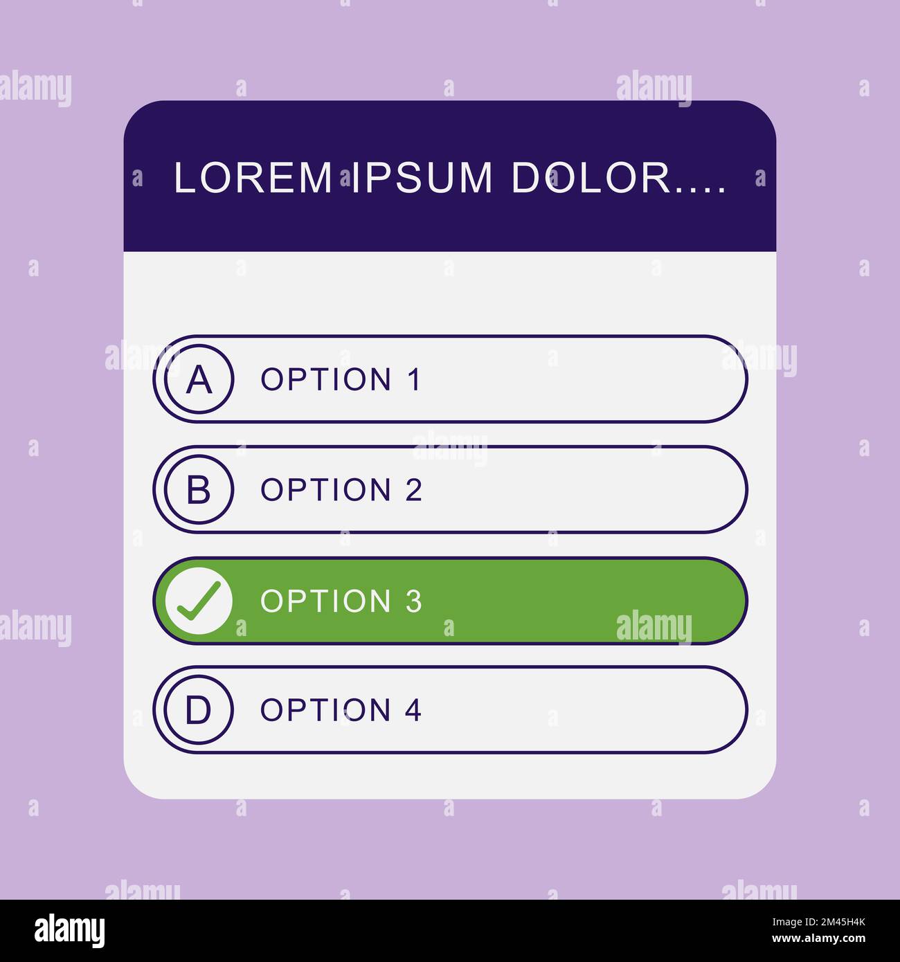 A quiz test template with four different options isolated on a purple ...