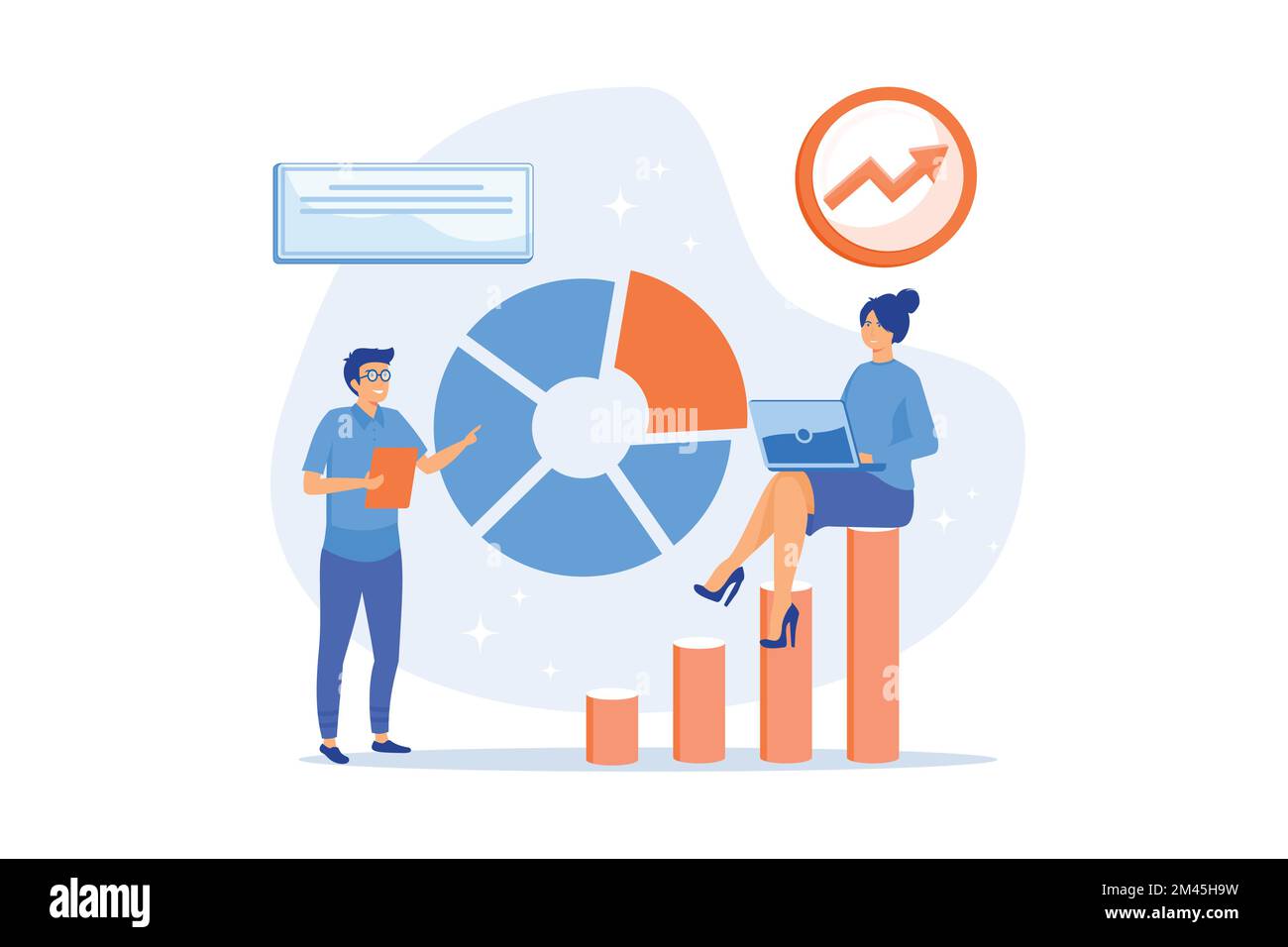 Compare quality with competitor companies. Performance, quality, cost comparison. Development strategy. People standing near indicator improves compan Stock Vector