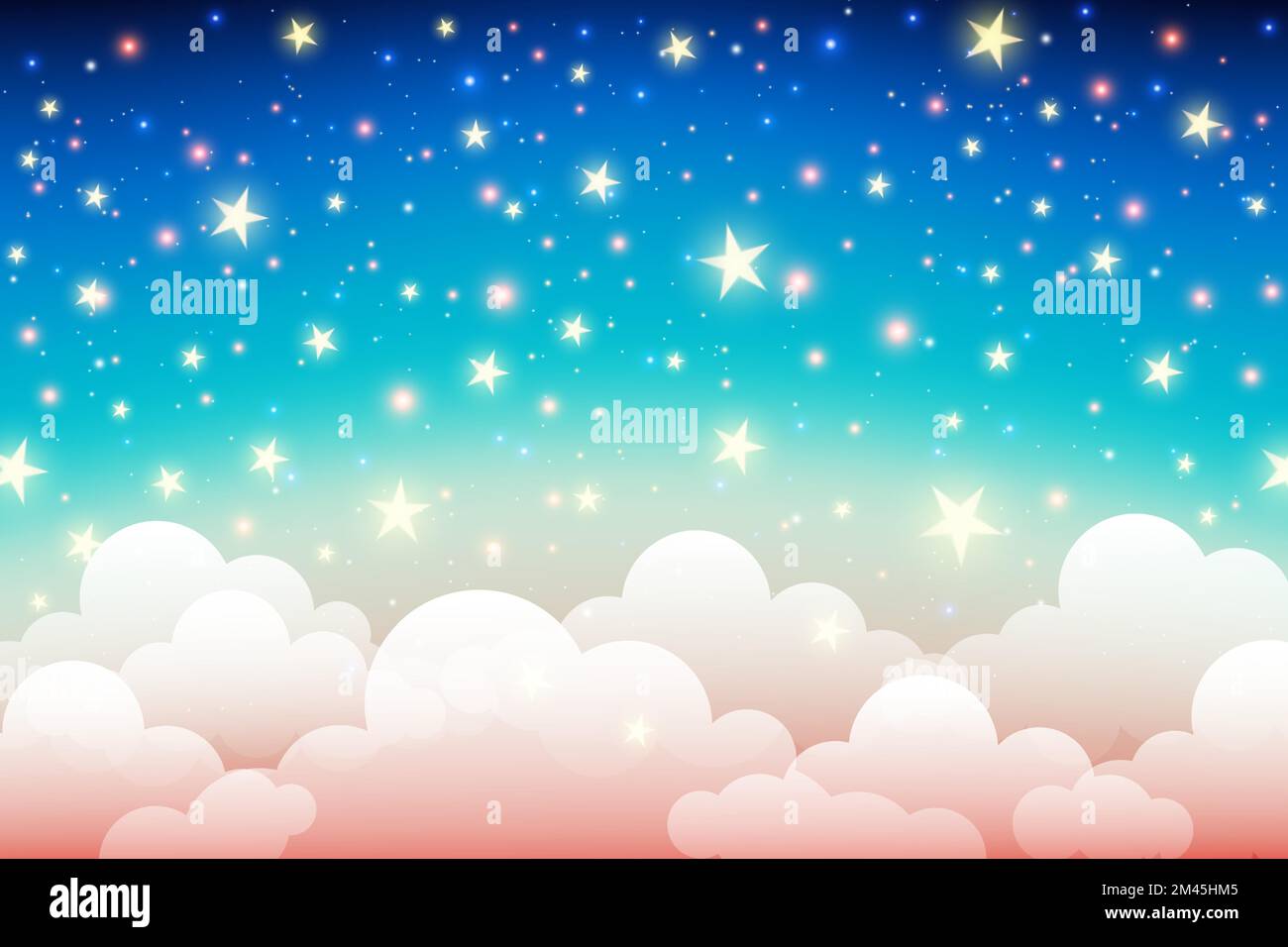 Pastel color sky with stars and clouds. Magical landscape, abstract fabulous pattern. Cute candy wallpaper. Vector. Stock Vector