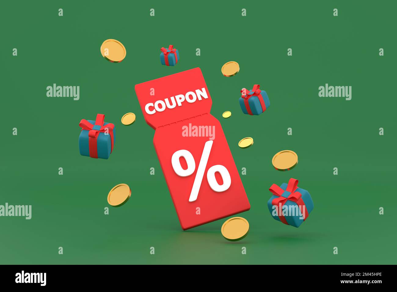 3D. discount coupon with percentage sign with coins and gift box. Voucher card cash back. Stock Photo