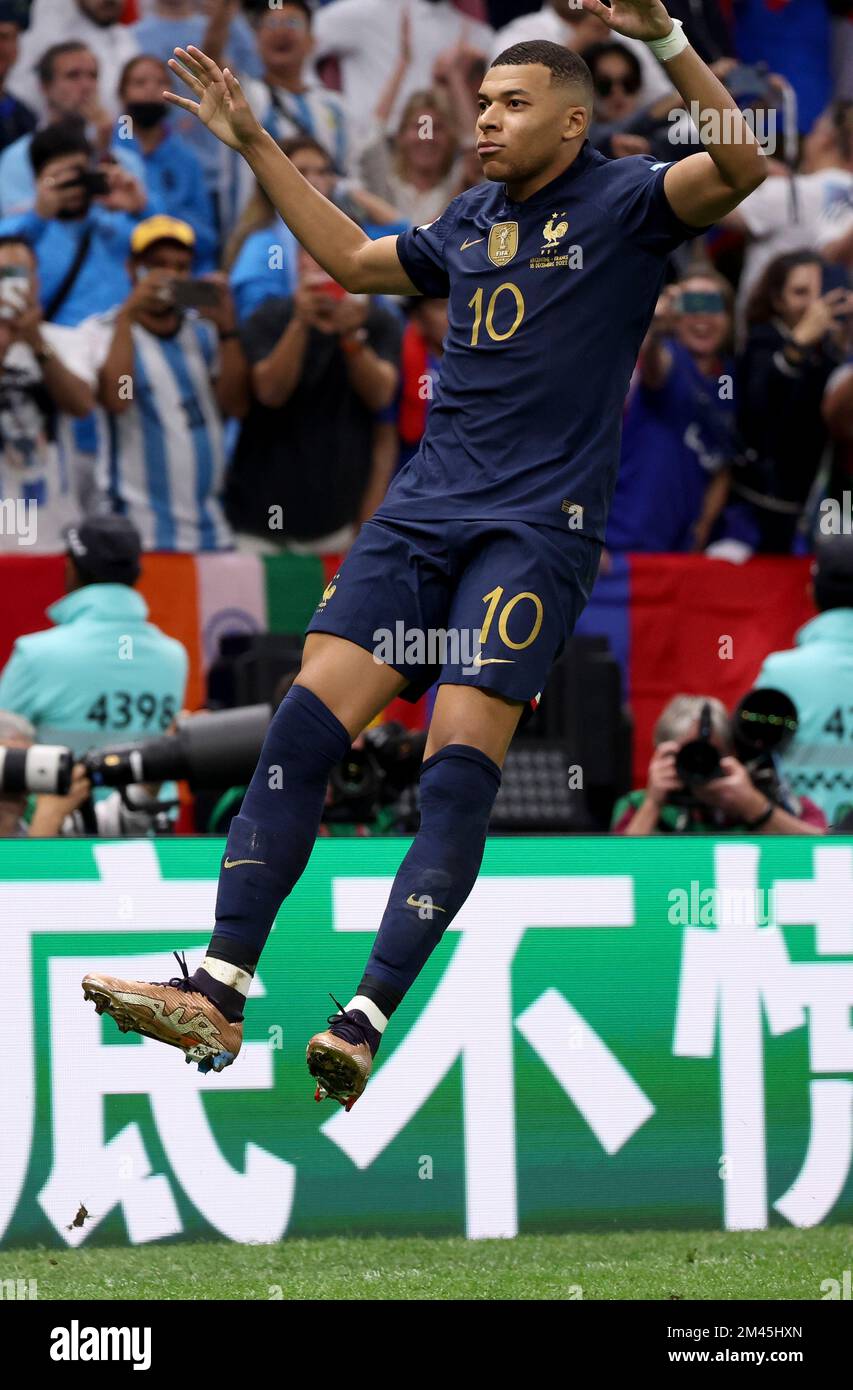 Qatar - 18/12/2022, Kylian Mbappe of France celebrates his third goal