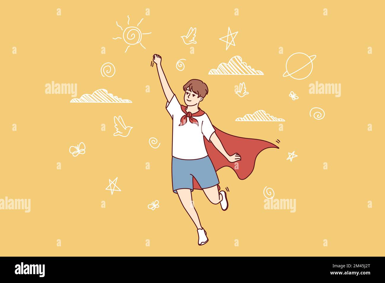 Teenager boy in superhero cape stretches hand up and represents flight to save people from crime or cataclysms. School-age guy in red cape and tie pretends to be super-human. Flat vector design  Stock Vector