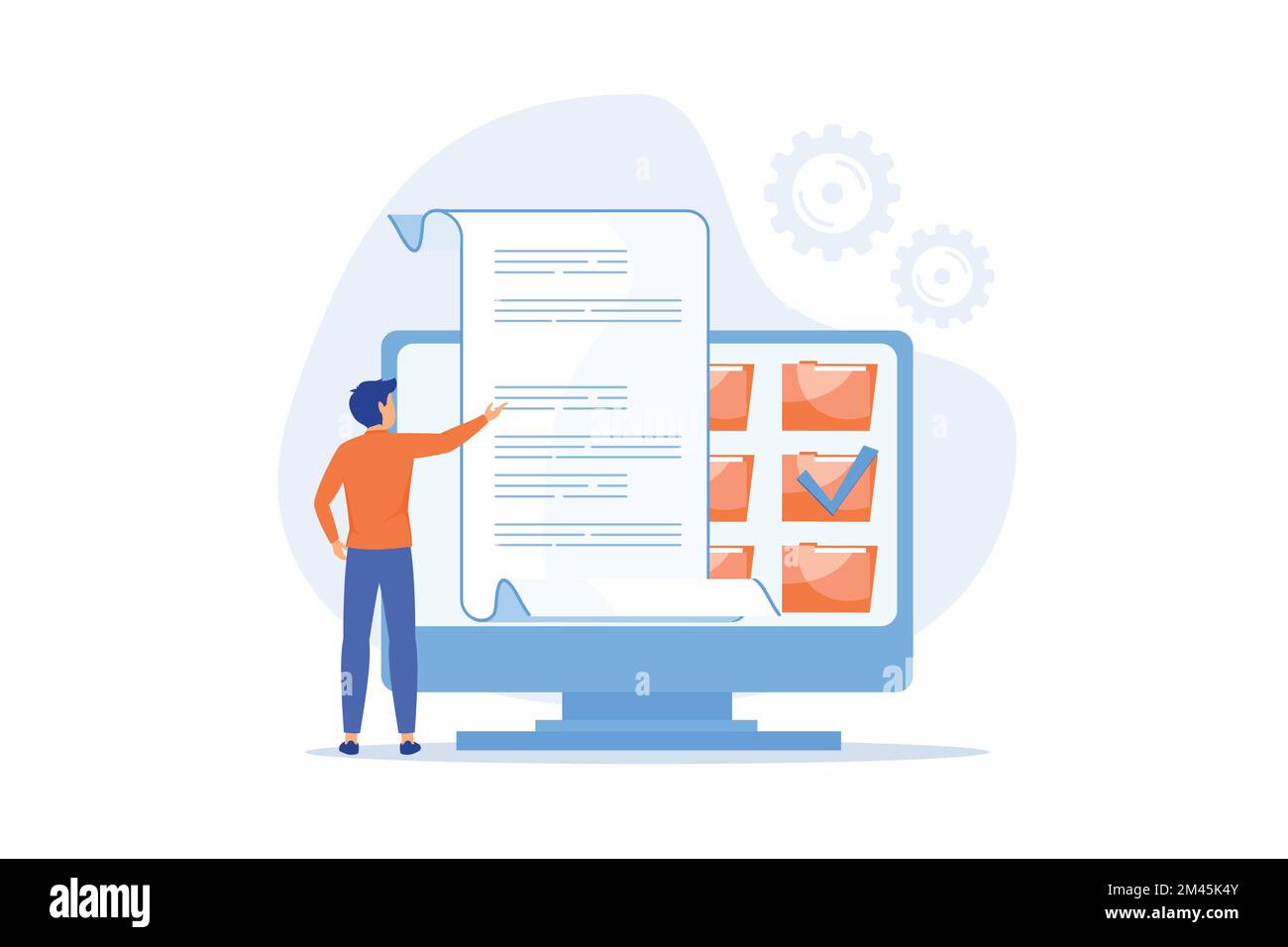 Records management concept. Man stands next to computer monitor and