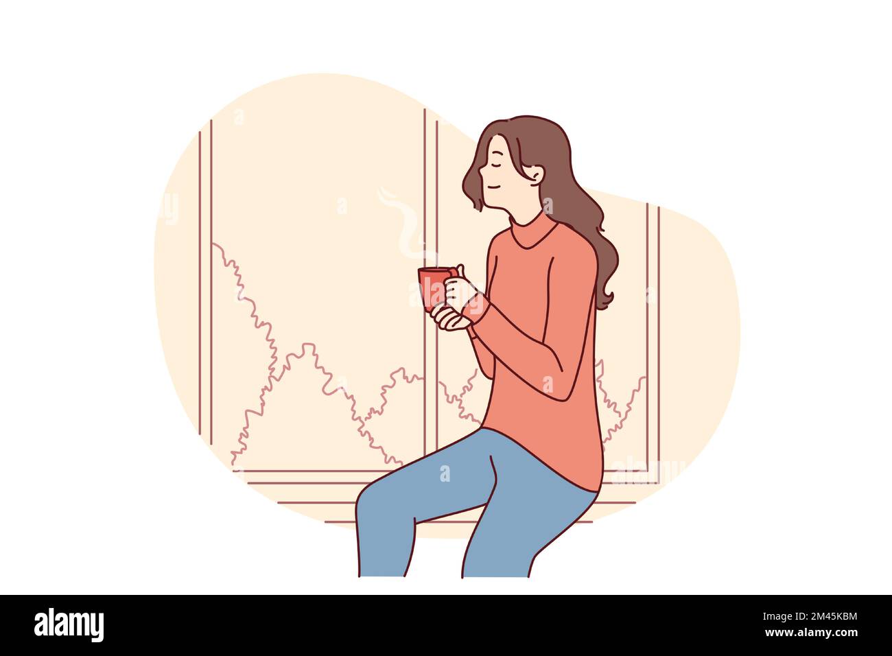 Attractive woman drinks tea sitting on windowsill and enjoys relaxing during break from work. Positive girl dreaming and watching landscape through window with cup coffee in hands. Flat vector image Stock Vector
