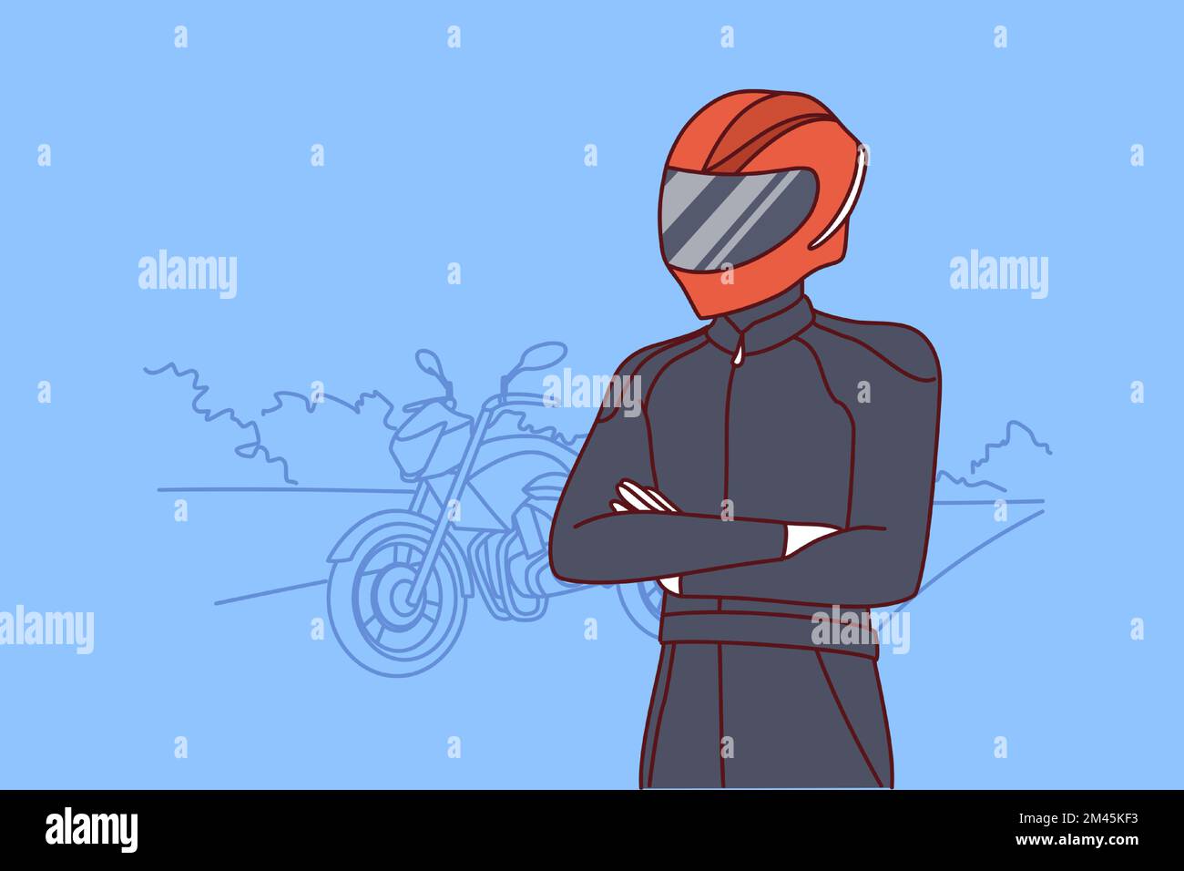 Biker in clothes for professional riding motorcycle and protective helmet covering face and eyes. Human with bike for extreme racing stands on road and looks into distance. Flat vector design Stock Vector