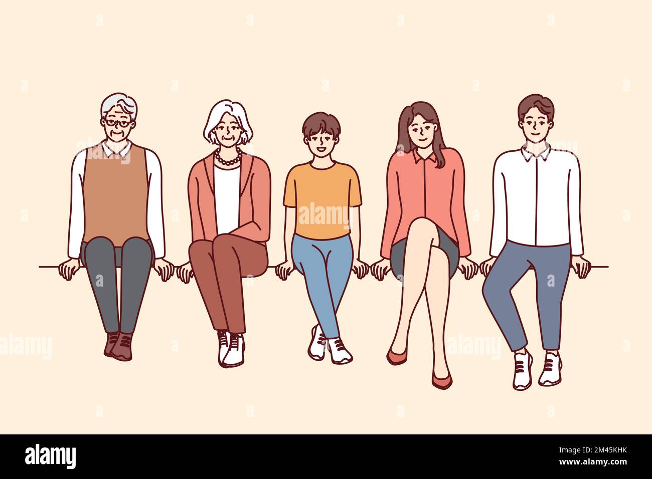 People of different ages dressed in casual style sit in row and look at screen. Young and old men and women from one big family spend time together with smile. Flat vector illustration Stock Vector