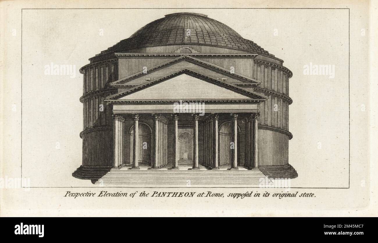 Perspective elevation of the Pantheon, Rome, supposed in its original state. Roman temple with portico of eight Corinthian columns and two pediments, rotunda under a dome. Built by Marcus Agrippa for Emperor Caesar Augustus, 1st century AD. Copperplate engraving from Francis Fitzgerald’s The Artist’s Repository and Drawing Magazine, Charles Taylor, London, 1785. Stock Photo