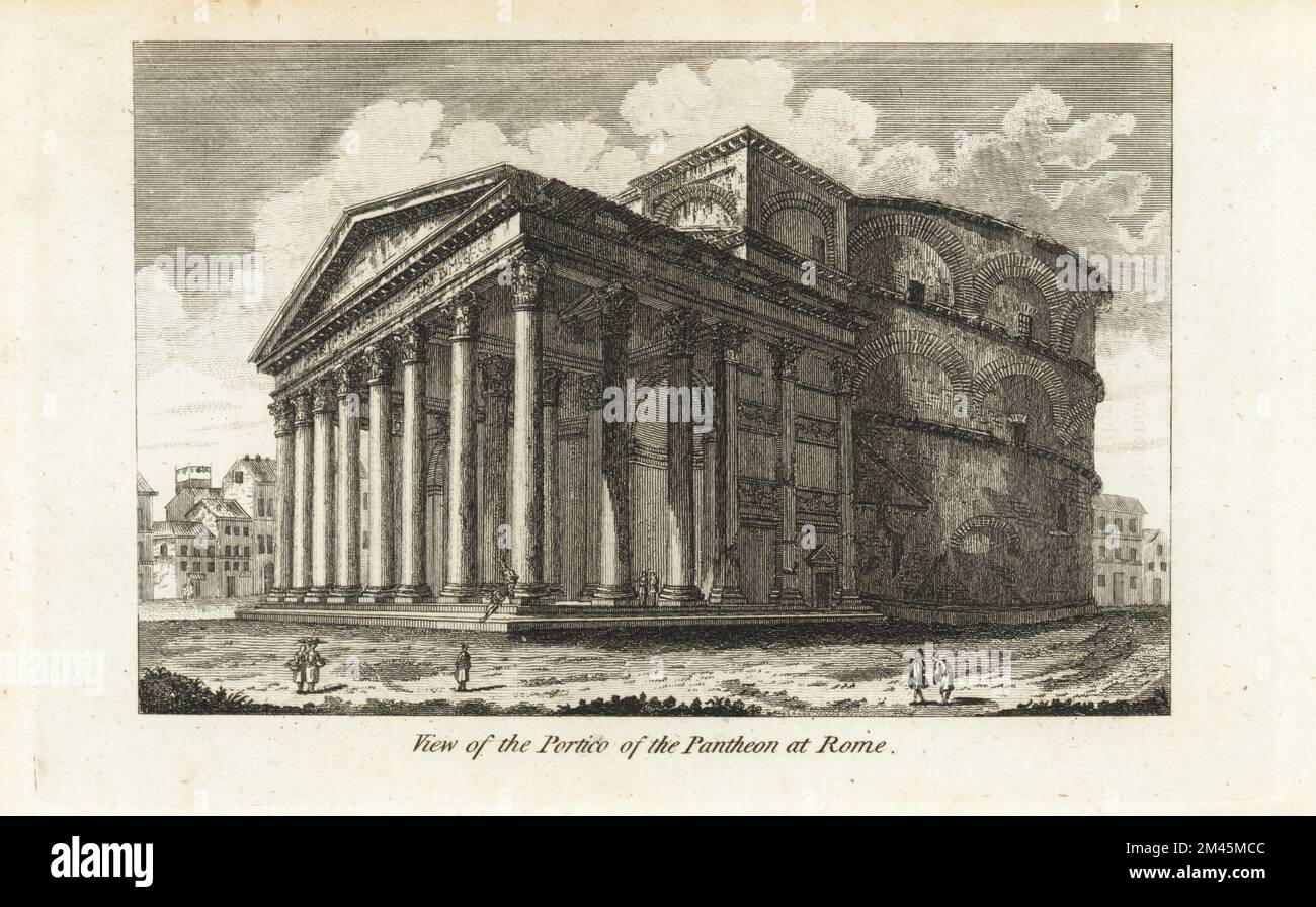 View of the Portico of the Pantheon at Rome, 18th century. Roman temple with portico of Corinthian columns, pediment, rotunda under a dome. Built by Marcus Agrippa for Emperor Caesar Augustus, 1st century AD. Copperplate engraving from Francis Fitzgerald’s The Artist’s Repository and Drawing Magazine, Charles Taylor, London, 1785. Stock Photo