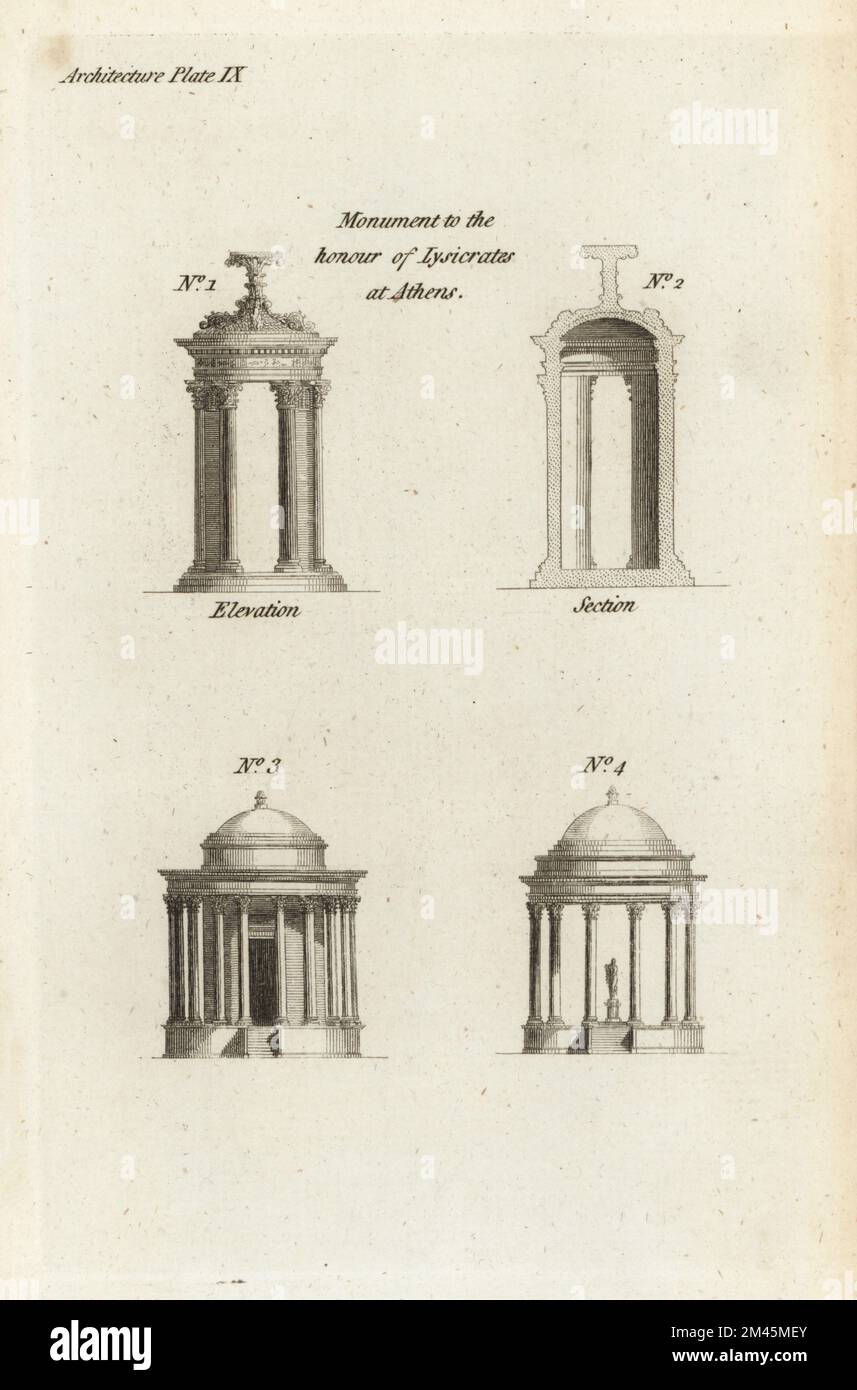 Ancient circular temples. Elevation and section of the Greek monument to the honour of Lysicrates, a victor in the public games, Athens 1,2. Elevation of a Roman temple to the Sybils or Venus at Tivoli 3, and a monopteral temple 4. Copperplate engraving from Francis Fitzgerald’s The Artist’s Repository and Drawing Magazine, Charles Taylor, London, 1785. Stock Photo