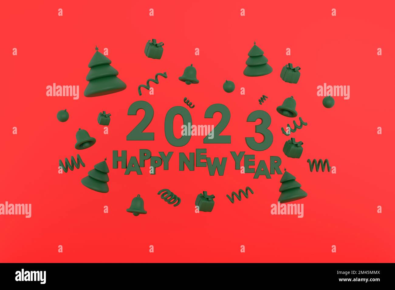 3D. Happy new year 2023, Merry Christmas Christmas tree, gifts, bell, christmas ball Stock Photo