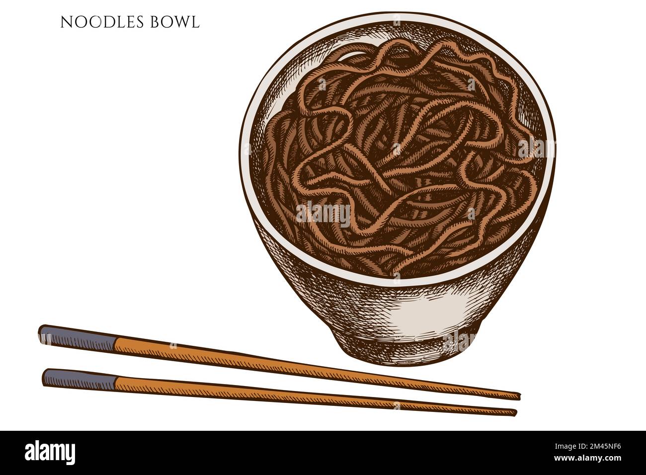 Asian food hand drawn vector illustrations collection. Colored noodles bowl. Stock Vector