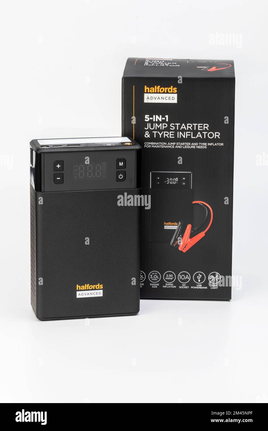 A Halfords 5 in 1 Jump Starter and Tyre Inflator Stock Photo