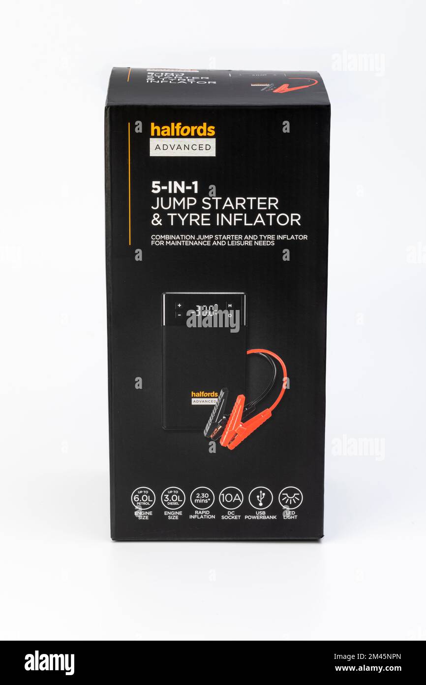 A halfords 5 in 1 jump starter and tyre inflator stock photo alamy
