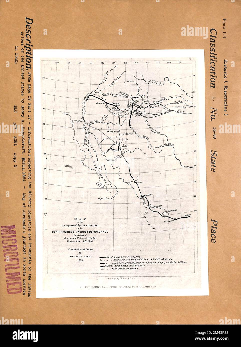 Map of the Route Pursued By the Expedition Under Don Francisco Vasquez De Coronado in Search of the Seven Cities of Cibola, Undertaken A. D. 1540, Compiled and Drawn By Richard H. Kern, 1853. Original caption: From page 39 Part IV - Information respecting the History Condition and Prospects of the Indian Tribes of the United States by Henry R. Schoolcraft. Phila. 1854 - Map of Coronado's journeys in North America in 1540. DLC E77 S381 Copy 2. Stock Photo