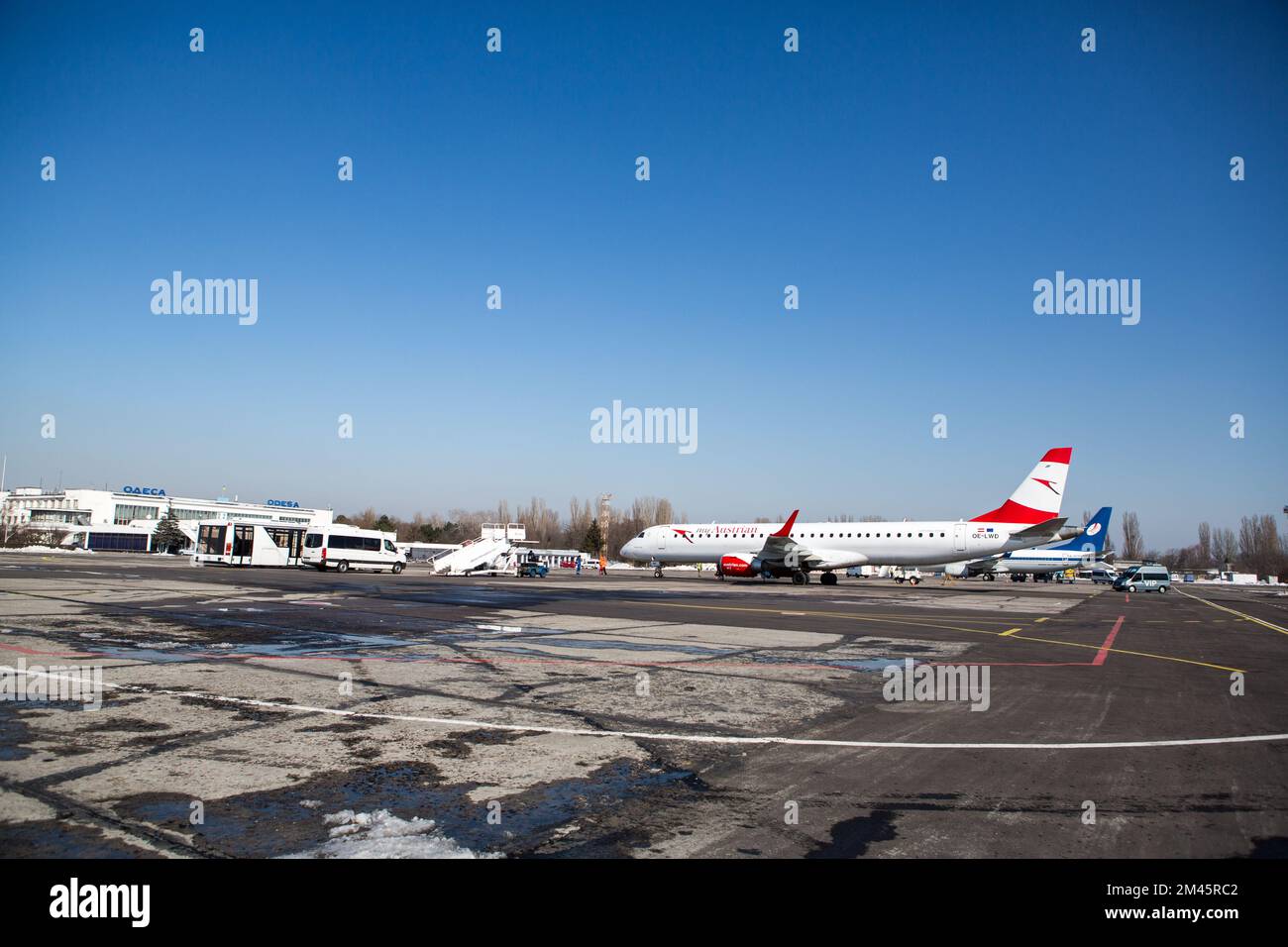 Odessa, Ukraine SIRCA 2018: Passanger white plane my Austrian airline. Airplane on the platform of Airport. Stock Photo