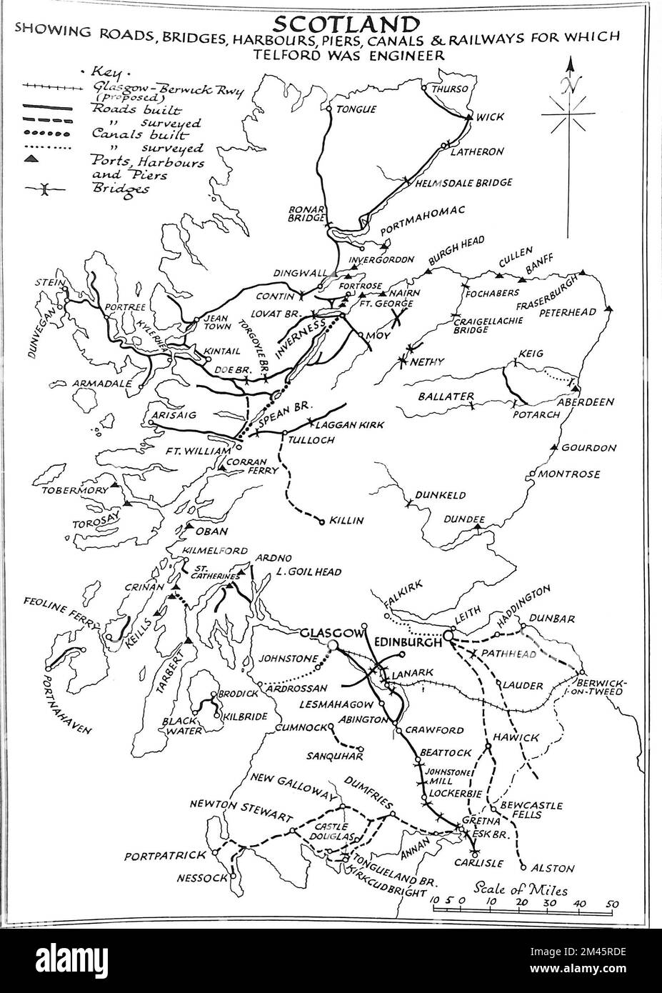Map of Scotland Showing Roads, Bridges, Harbours, Piers, Canals