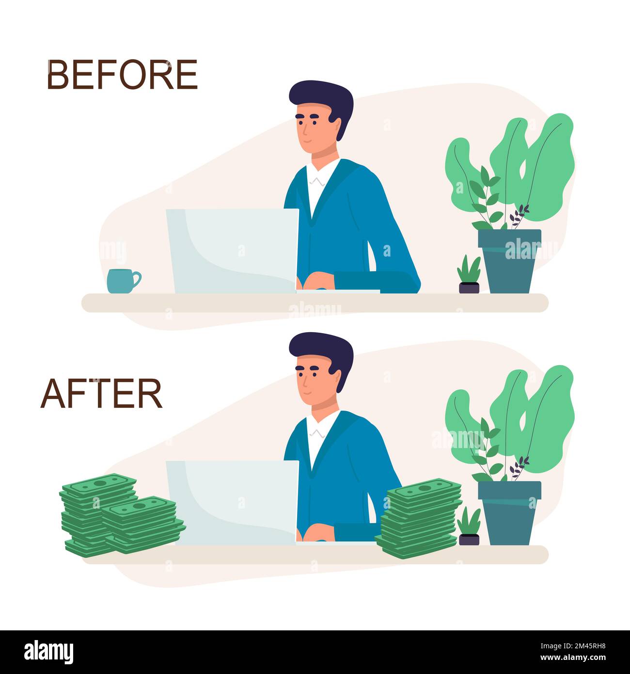 before after Make money online Businessman getting paid from computer
