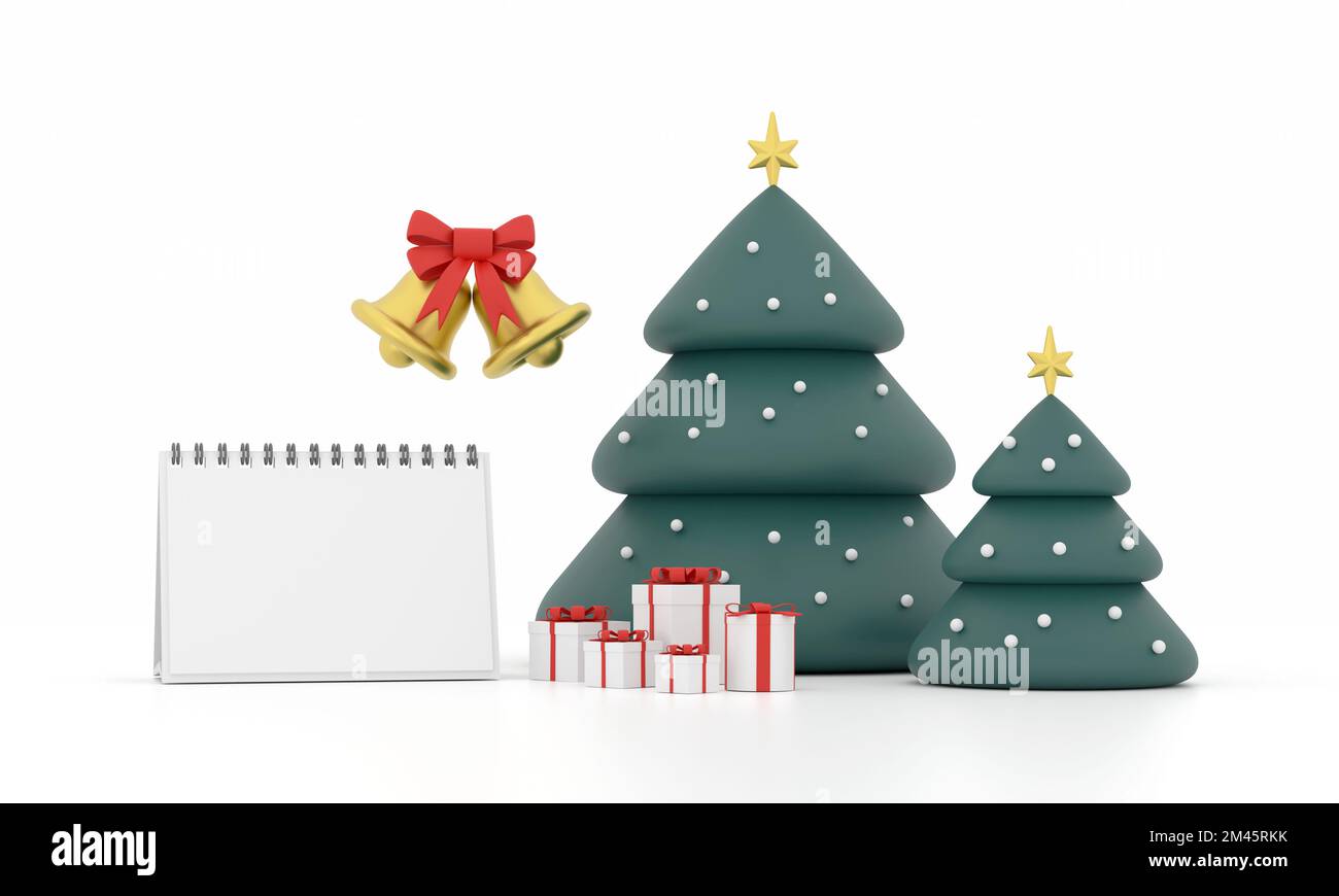 3D. New year calendar. merry Christmas and happy new year Christmas tree and gift Stock Photo