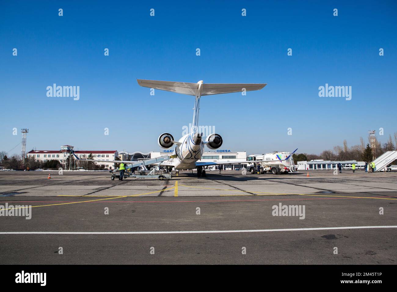 Odessa, Ukraine SIRCA 2018: Passanger white plane LOT. Airplane on the platform of Airport. Stock Photo