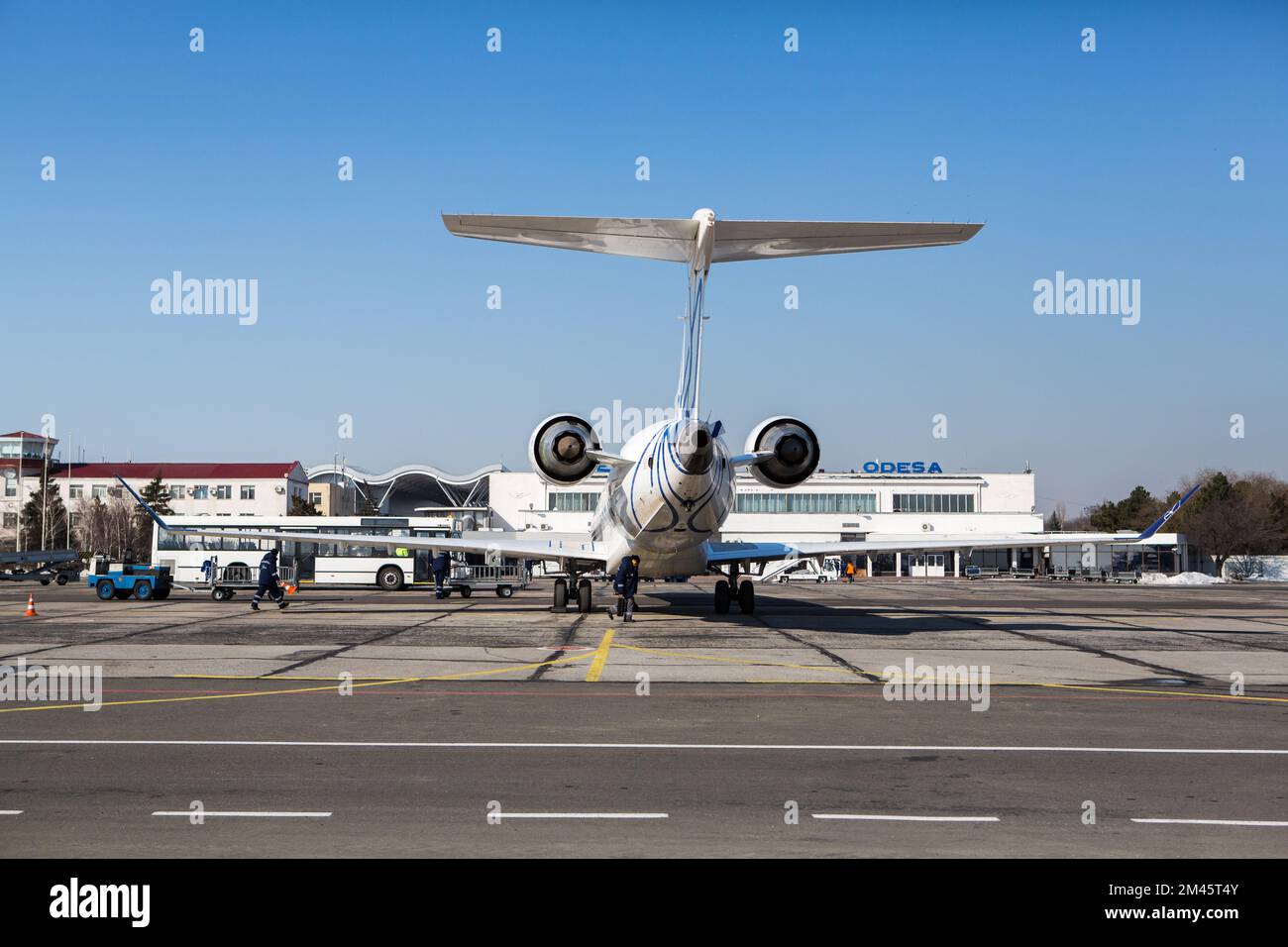 Odessa, Ukraine SIRCA 2018: Passanger white plane LOT. Airplane on the platform of Airport. Stock Photo