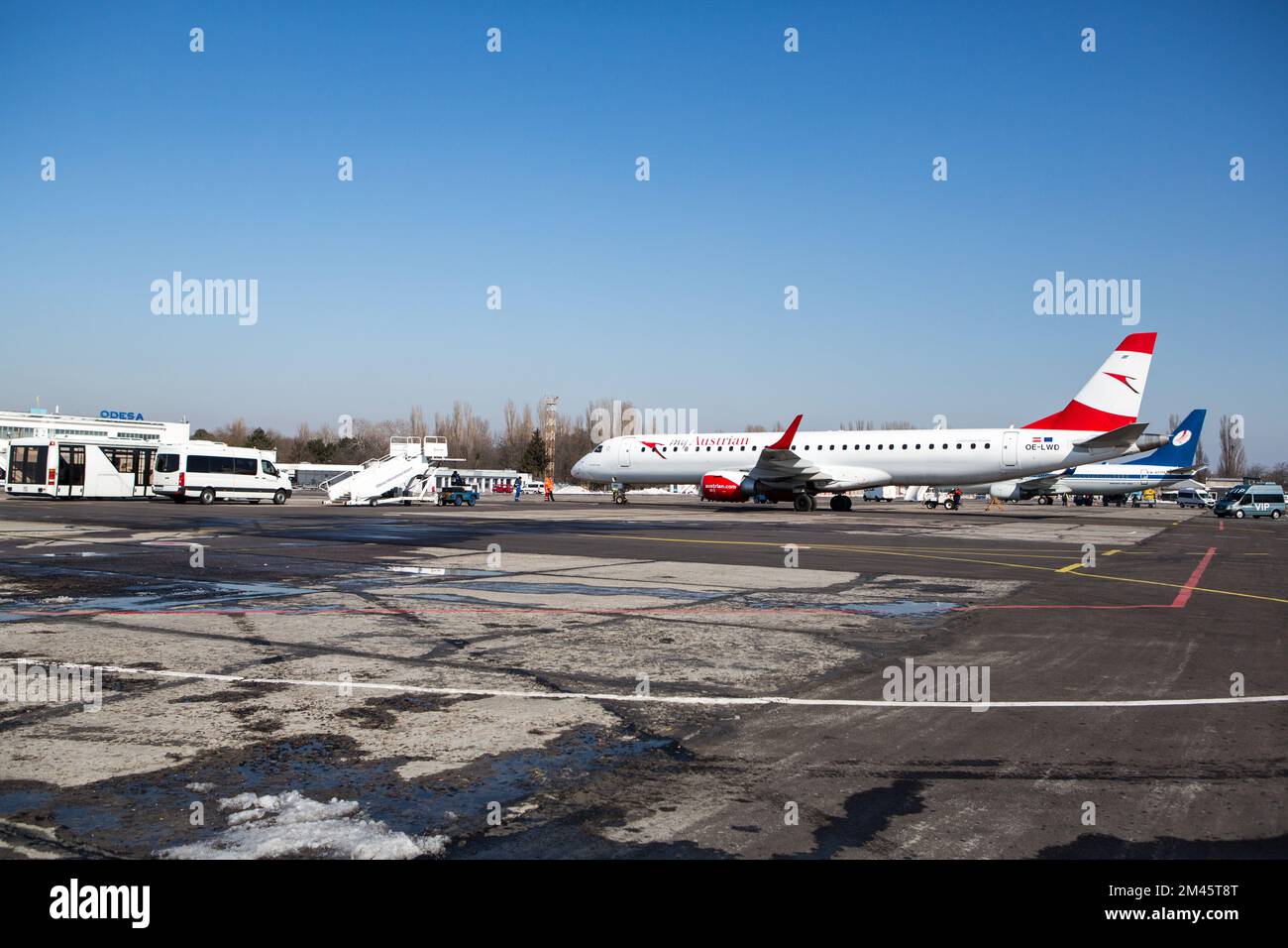 Odessa, Ukraine SIRCA 2018: Passanger white plane my Austrian airline. Airplane on the platform of Airport. Stock Photo