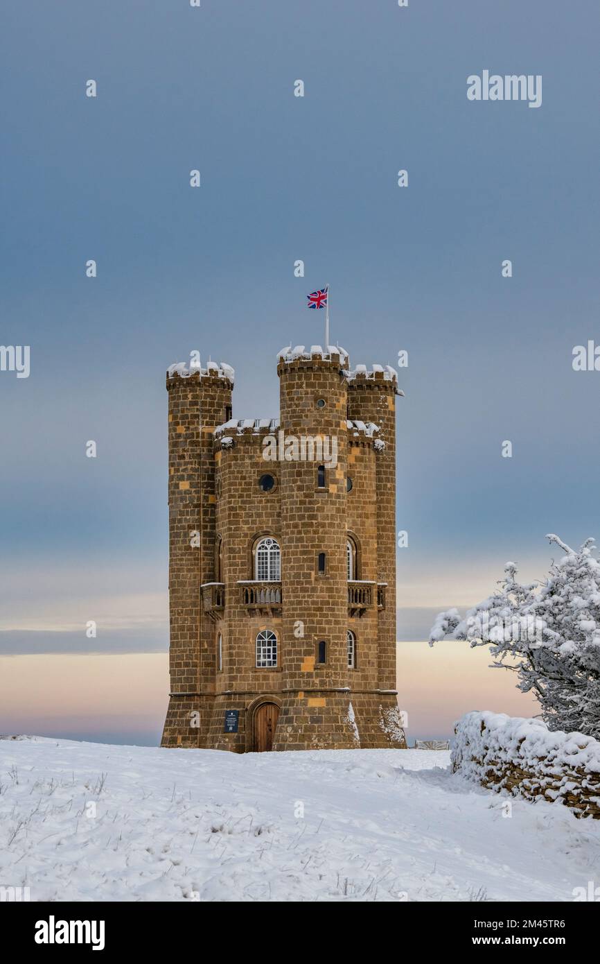 Broadway Tower in the early morning winter snow along the cotswold way