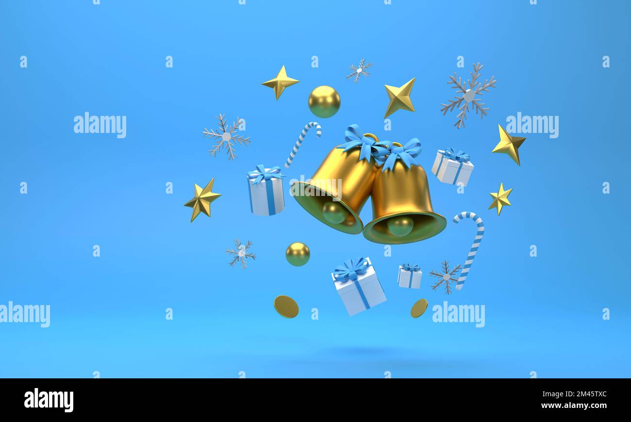 3D. Merry Christmas background with shining gold ornaments. snowflakes, gift, candy, Stock Photo