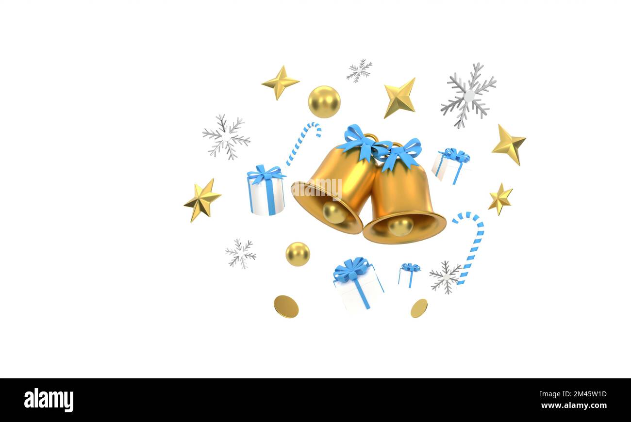 3D. Merry Christmas background with shining gold ornaments. snowflakes, gift, candy, Stock Photo