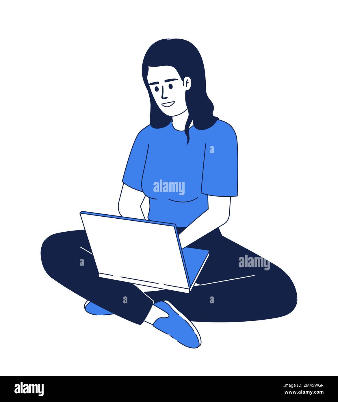Woman using laptop flat color linear vector character Stock Vector