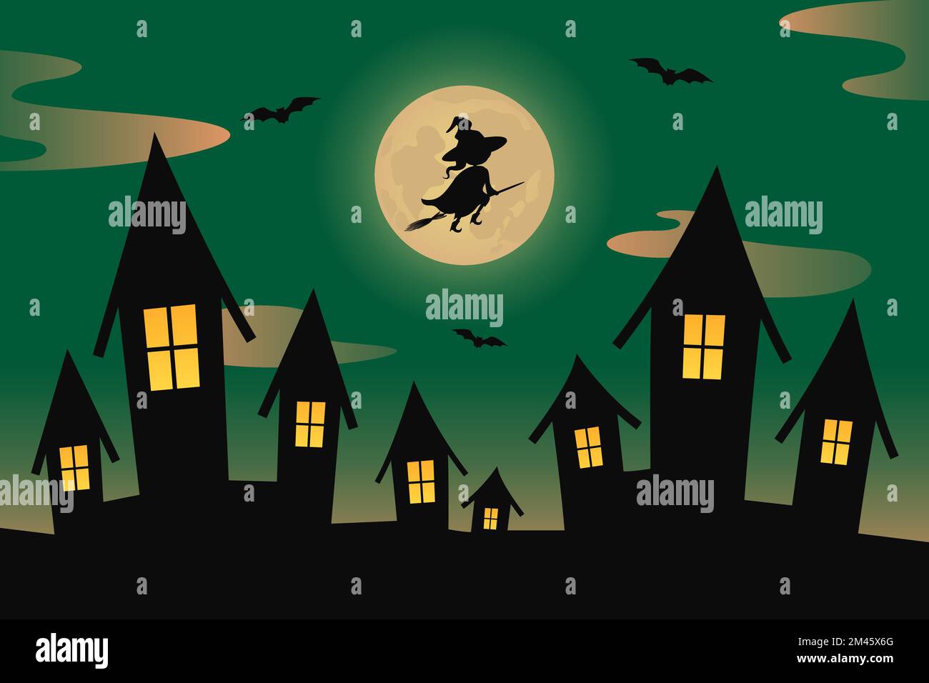 Witch flying on broom over town. Vector illustration Stock Vector Image ...