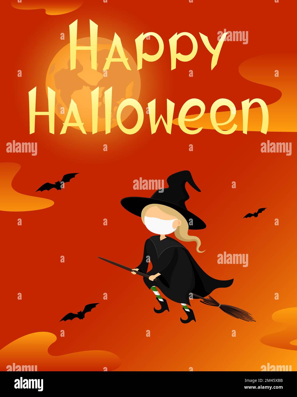 Halloween 2021 poster. Witch in medical mask. Vector illustration Stock