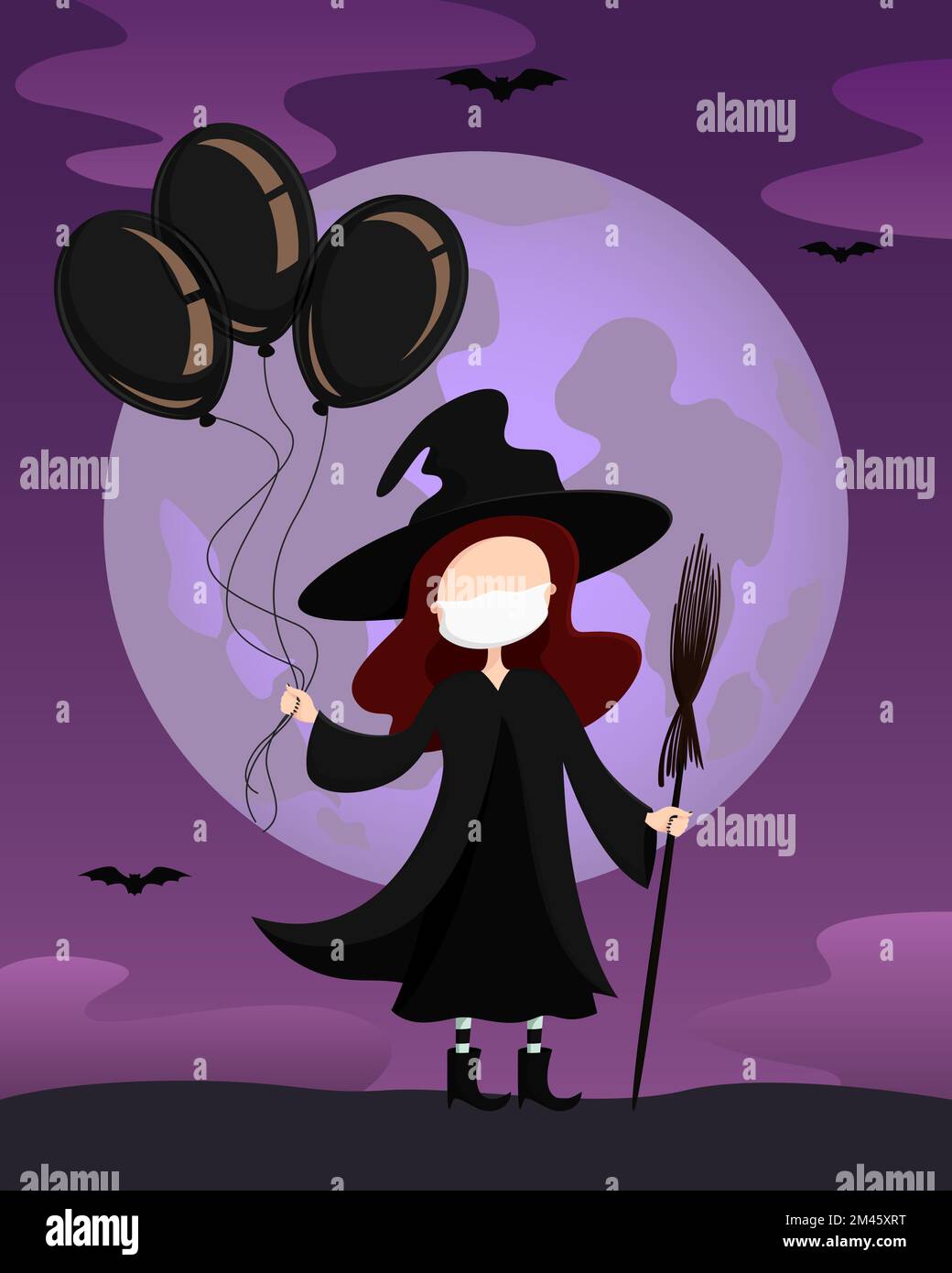 Witch in mask holding black helium balloons. Halloween. Vector illustration. Stock Vector
