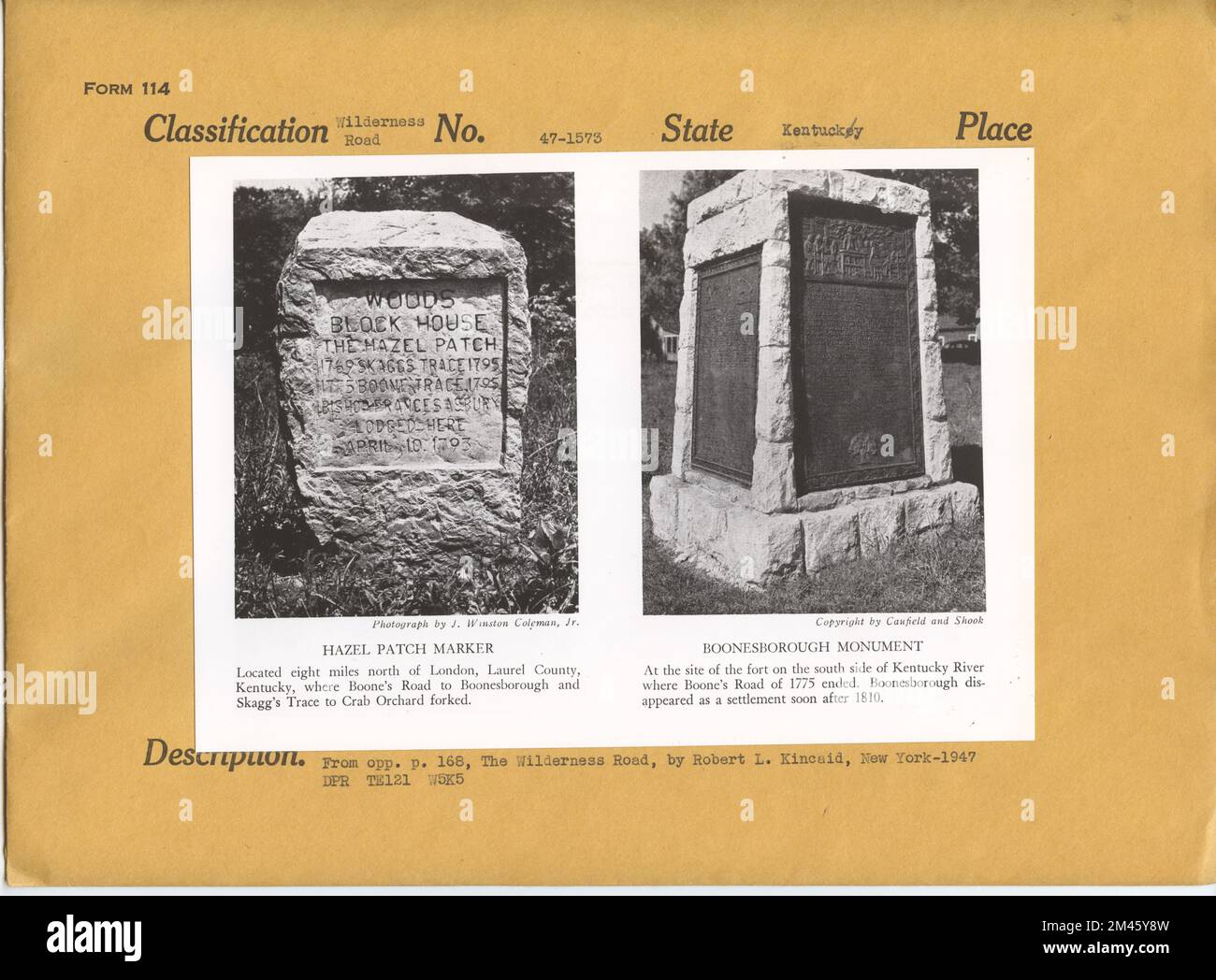 Hazel Patch Marker, Boonesborough Monument. Original caption: From opp. p. 168, The Wilderness Road, by Robert L. Kincaid, New York, 1947. Stock Photo