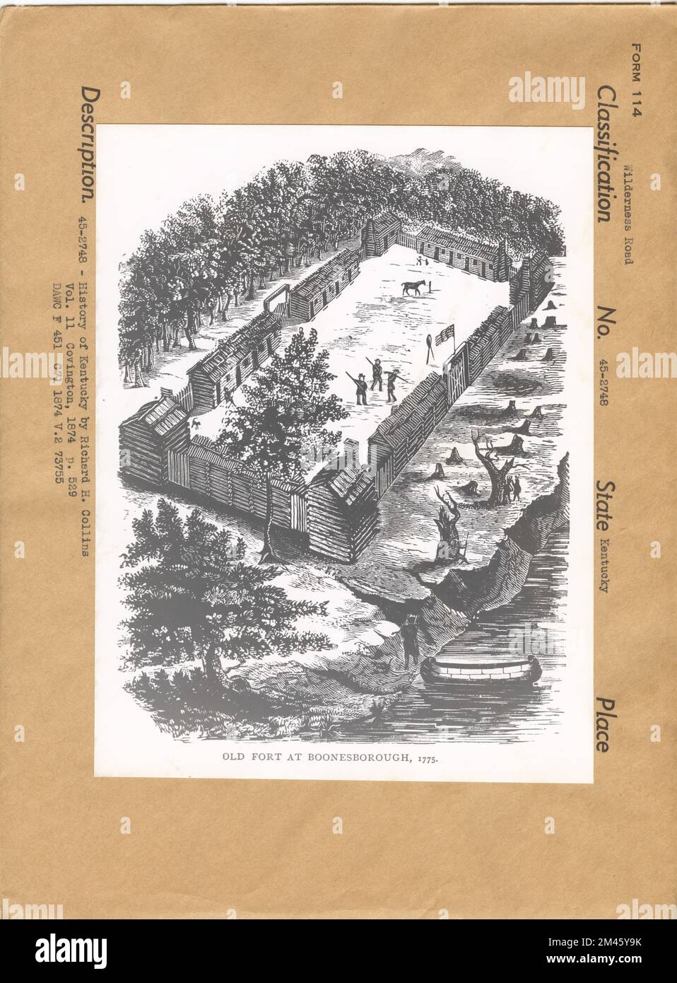 Old Fort at Boonesborough, 1775. Original caption: 45-2748 - History of Kentucky by Richard H. Collins. Vol. 11 Covington 1874 p. 529. Stock Photo
