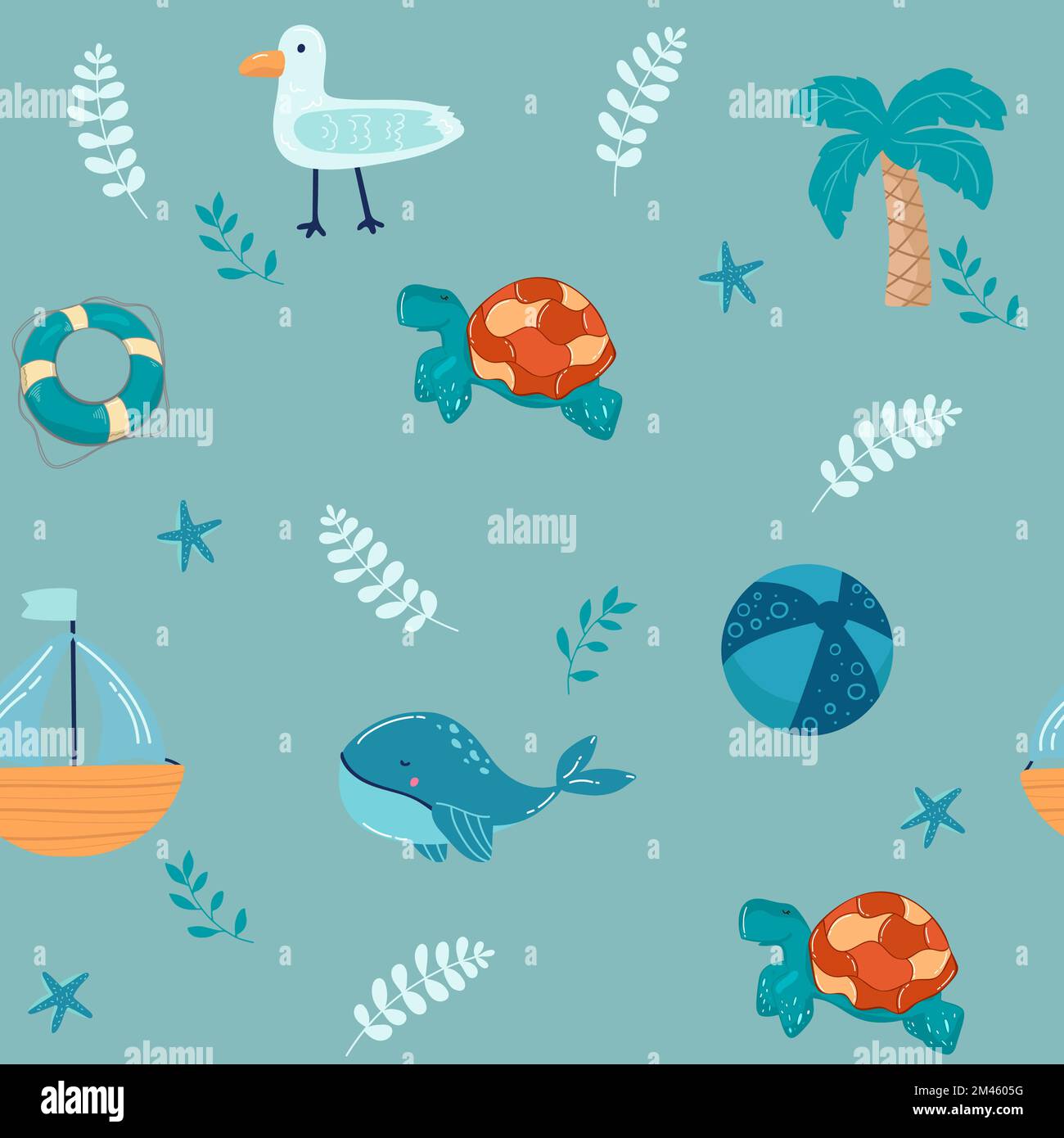 Blue whale with coral in the sea Cute cartoon background seamless ...