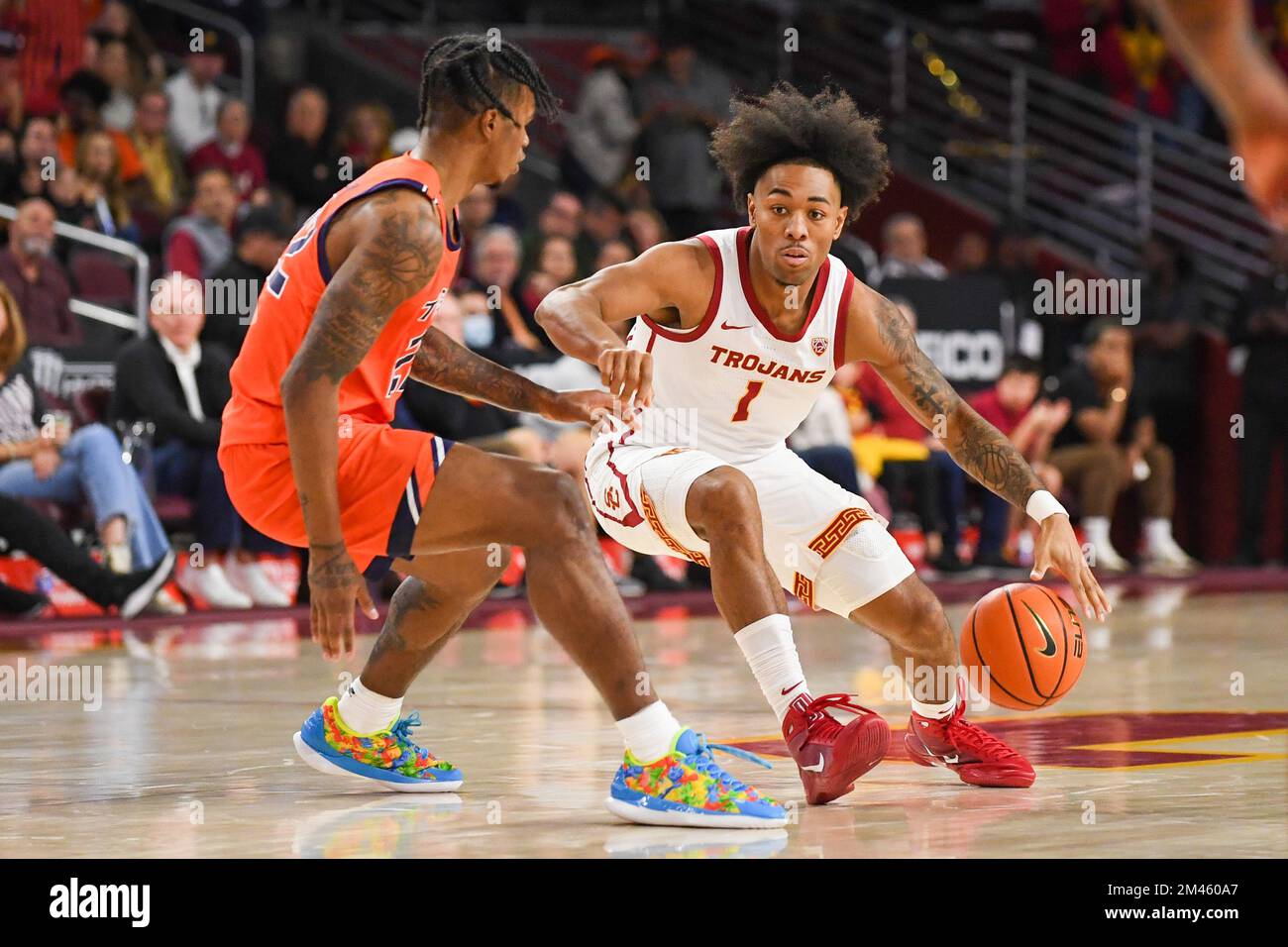 Southern California Trojans guard Malik Thomas (1)  during an NCAA basketball game against the Auburn Tigers on Sunday, Dec. 18, 2022, in Los Angeles. Stock Photo