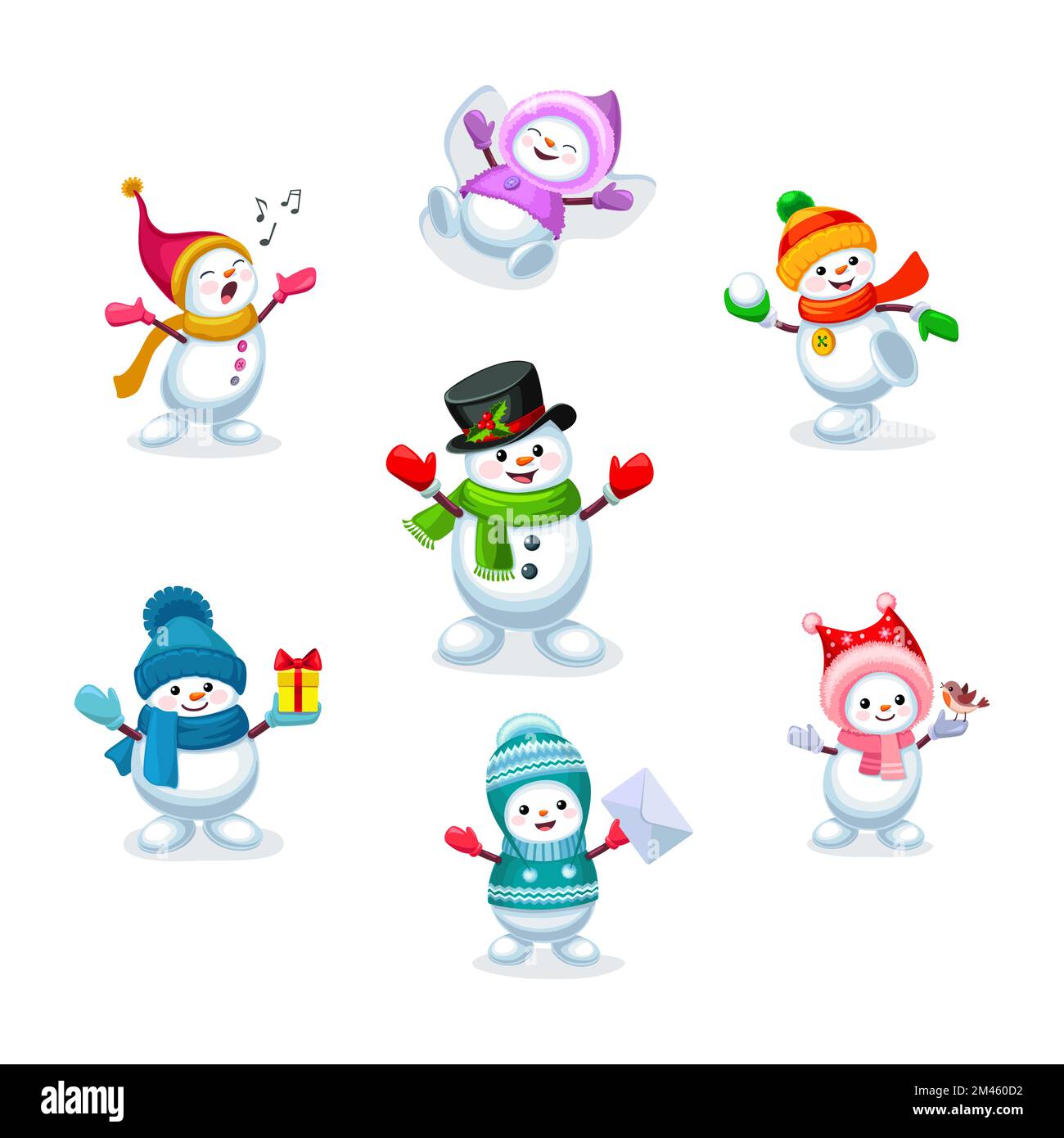 Cute cartoon Snowmen in various poses set. Winter holidays theme