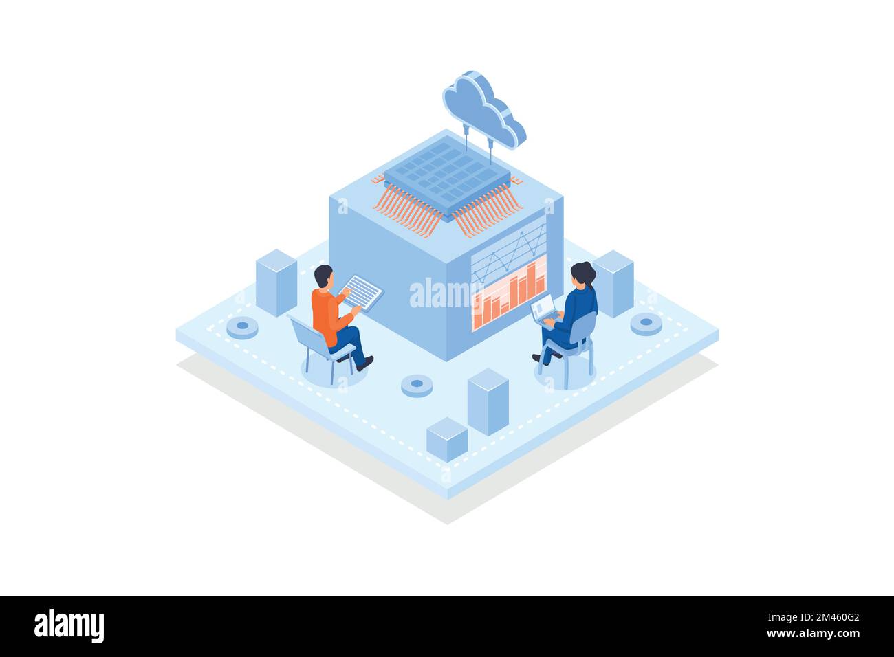 Conceptual template with people working on computers connected to integrated circuit and cloud. Scene for microchip programming, microcontroller softw Stock Vector