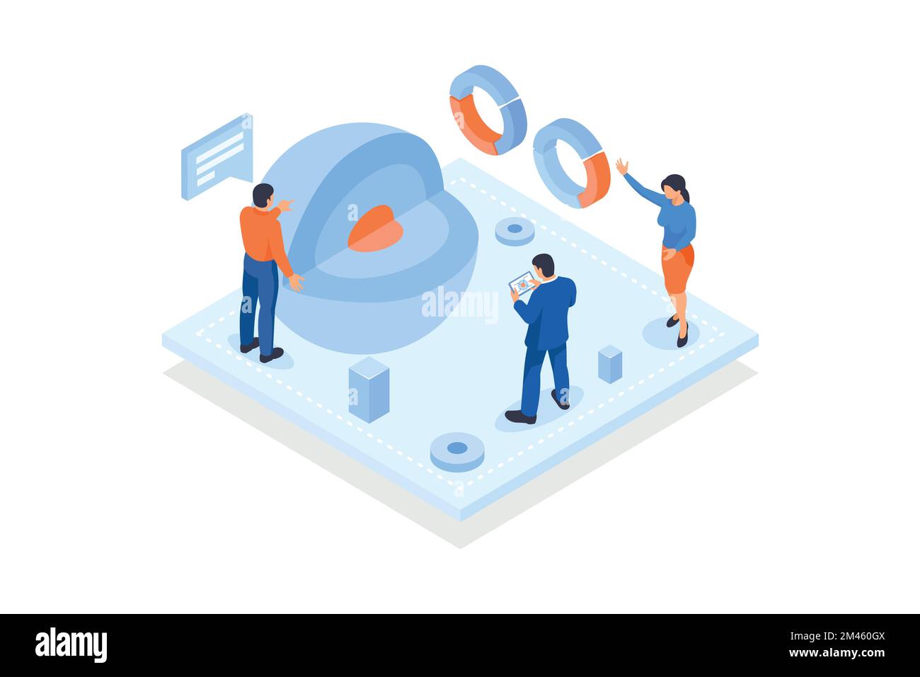 Conceptual template with sphere with cut out piece surrounded by analysts. Scene for future of material analysis or research, nanotechnology, isometri Stock Vector