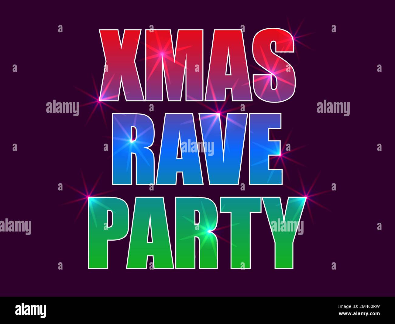 Xmas rave party. Gradient text in red, green and blue. Glow text. Sparkling light. The energy of a rave party. Design for posters, banners and promoti Stock Vector