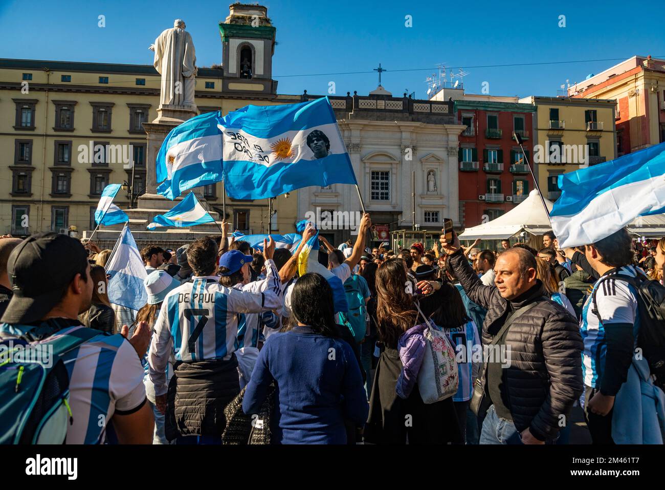 Soccer supporters of the Argentina National team celebrate the victory in the World Cup. In Naples, Italy. Stock Photo