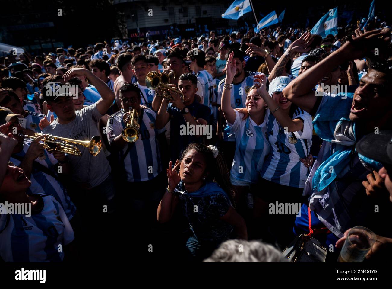 After winning in a penalty shootout, Argentina defeats France in the World Cup final and a crowd of supporters gathered around the obelisk to celebrat Stock Photo