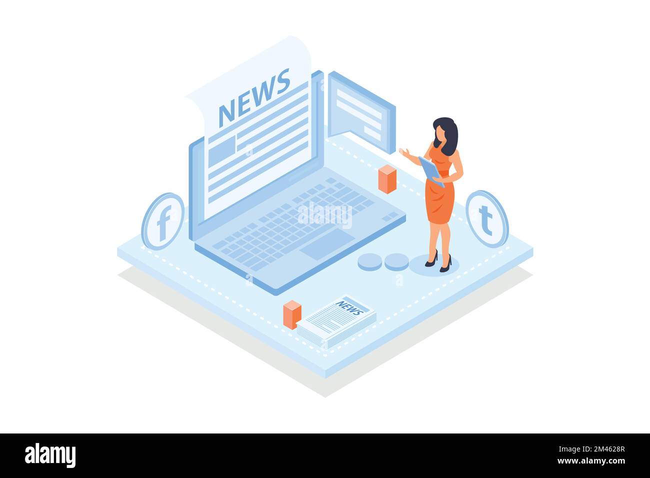 Conceptual template with person sitting in front of laptop computer and reading newspaper on screen. Scene for subscription to newsletter or news via Stock Vector