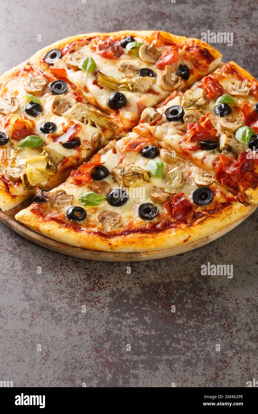 Pizza Siciliana with Ham, Tomatoes, Mushrooms and Mozzarella. on Stock  Photo - Image of cherry, dish: 54744668