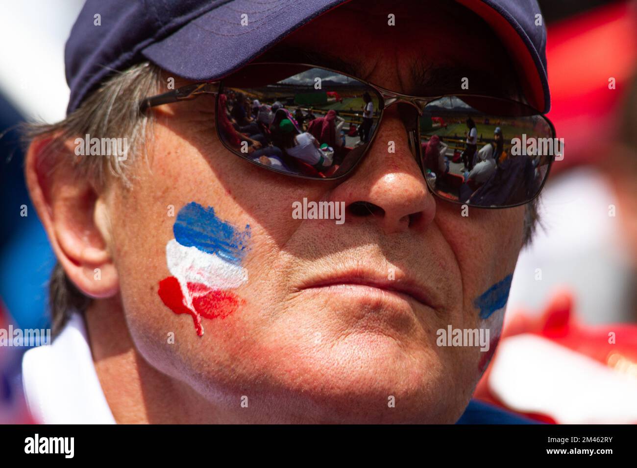 France fans react during the live transmission of the FIFA World Cup Qatar final between Argentina and France in Bogota, Colombia, December 18, 2022. Stock Photo